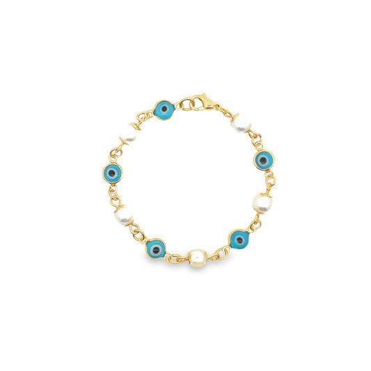 Synthetic Pearl Bead Evil Eye Charm Bracelet (I126A)-0