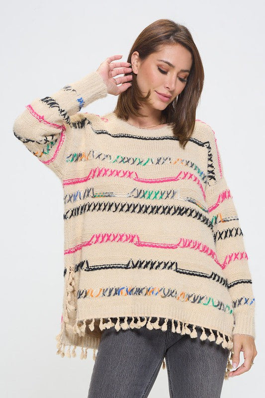 Knit Multicolor Frayed Hi-Lo Sweater-1