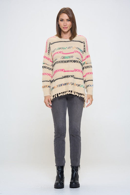 Knit Multicolor Frayed Hi-Lo Sweater-5