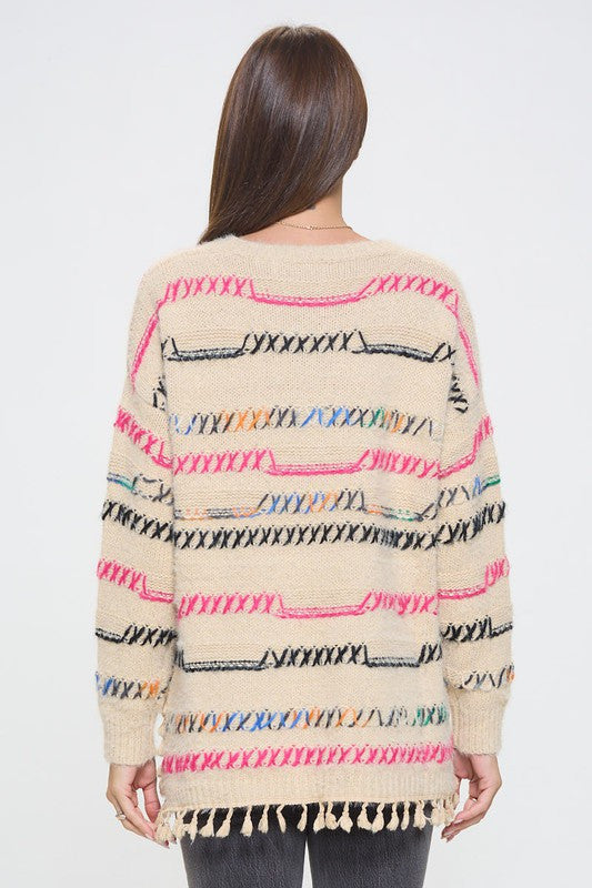 Knit Multicolor Frayed Hi-Lo Sweater-4