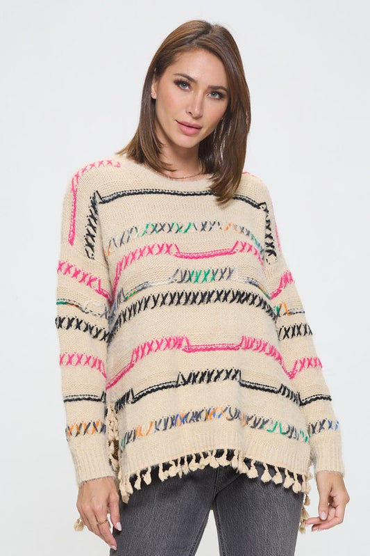 Knit Multicolor Frayed Hi-Lo Sweater-0