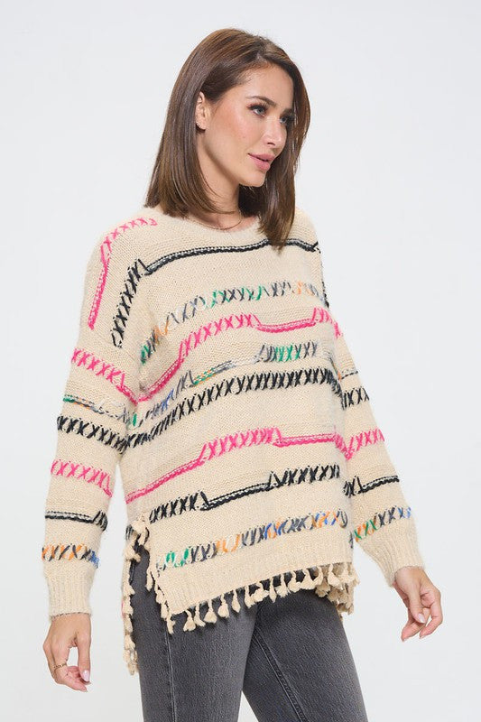 Knit Multicolor Frayed Hi-Lo Sweater-3