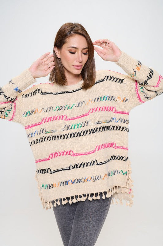 Knit Multicolor Frayed Hi-Lo Sweater-2