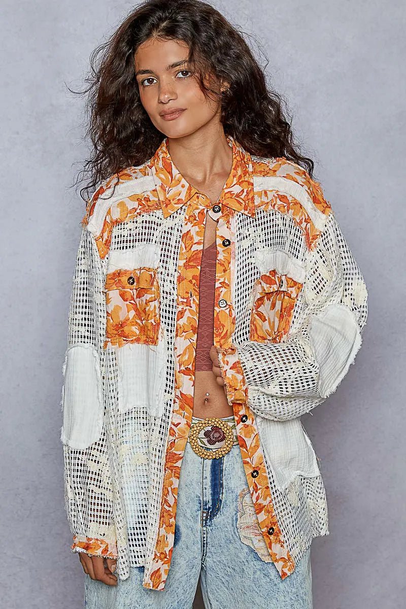 POL Floral Print Crochet Button Up Shirt-0