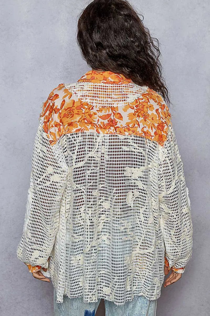 POL Floral Print Crochet Button Up Shirt-2