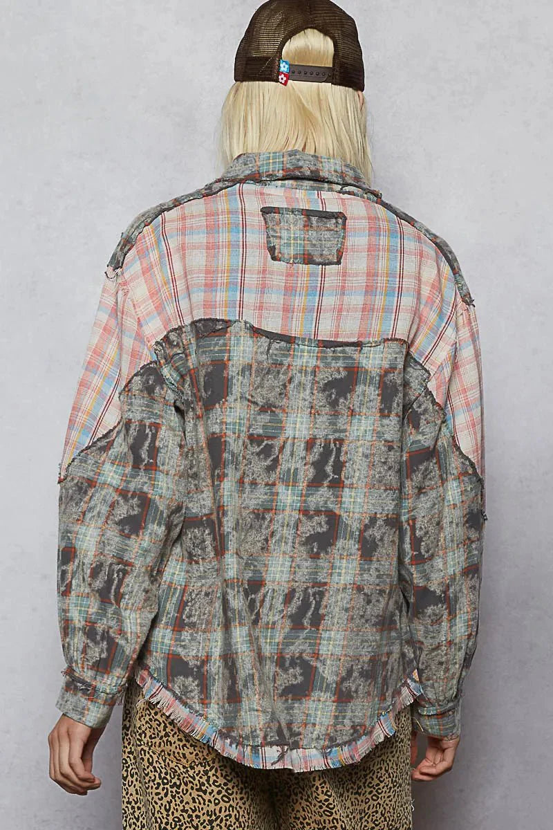 POL Plaid Patchwork Long Sleeve Shirt with Raw Edge Detail-2