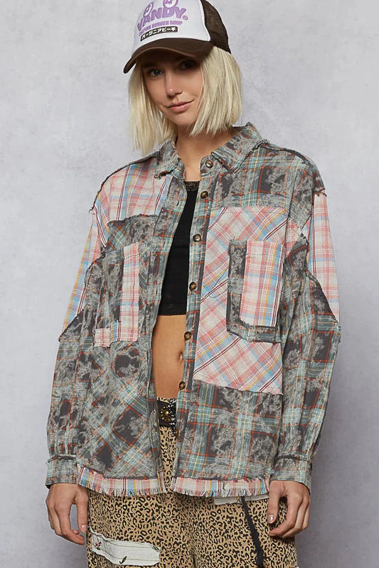 POL Plaid Patchwork Long Sleeve Shirt with Raw Edge Detail-0