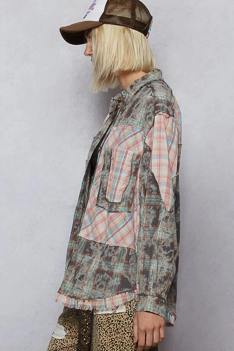 POL Plaid Patchwork Long Sleeve Shirt with Raw Edge Detail-1