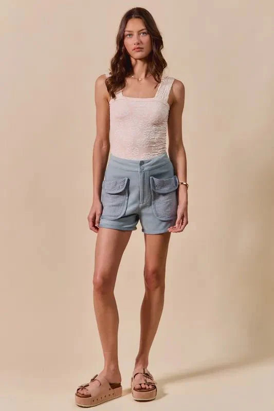 SO ME Mineral Washed Terry High Rise Cargo Shorts-3