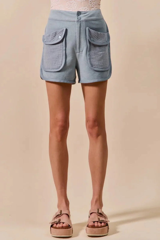 SO ME Mineral Washed Terry High Rise Cargo Shorts-0